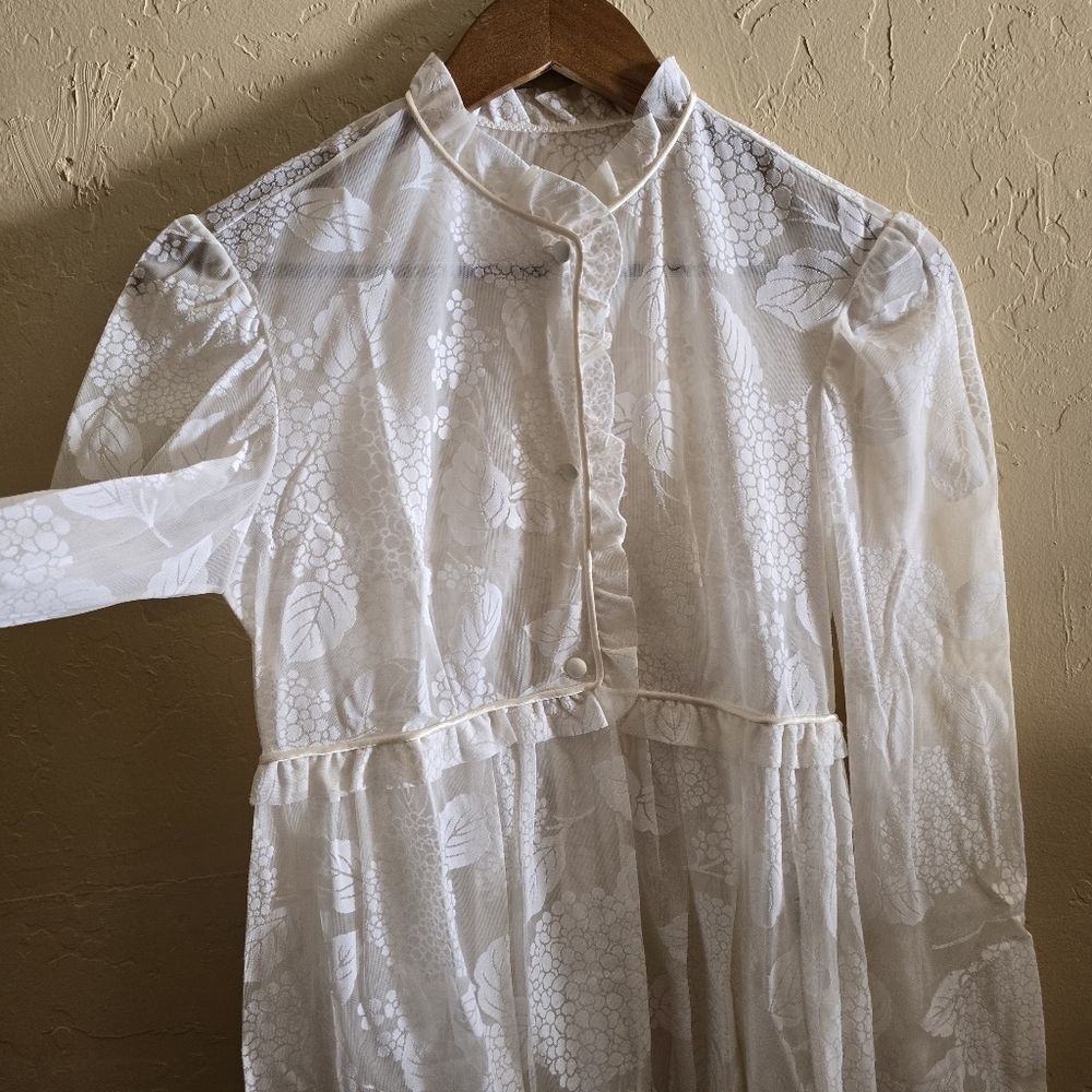 Vintage 70s White Sheer Devoré Floral Prairie Dress Romantic Boho Midi - Picture 5 of 14